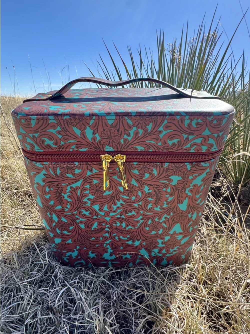 Turquoise and Brown Floral-Print Cosmetic Train Case with Top Handle
